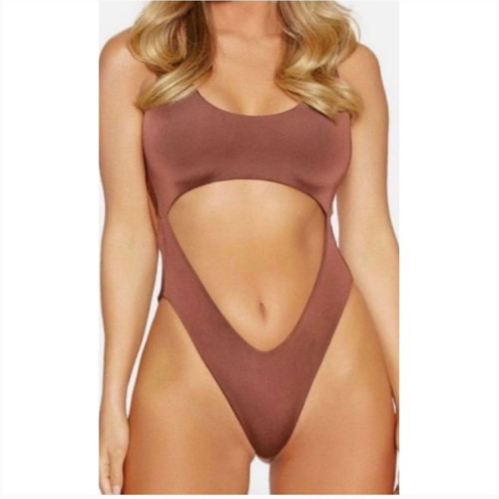 734 Naked Wardrobe Brown Cutout One-Piece Swimsuit